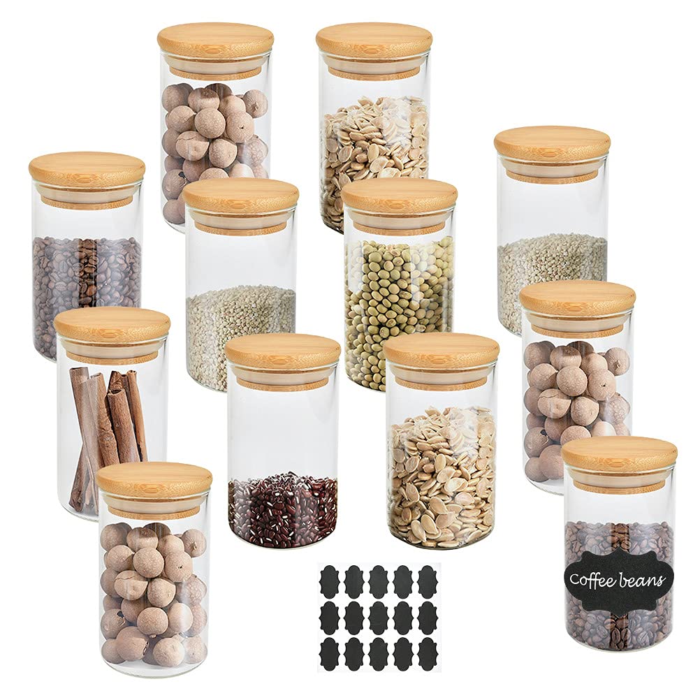 FOCCTS 12Pcs Small Glass Jars with Bamboo Lids, 150ML Kitchen Storage Jars Silicone Ring for Airtight Sealing Ideal for Grains, Seeds, Salt, Pepper, Spices(95 x 55 x 55mm)