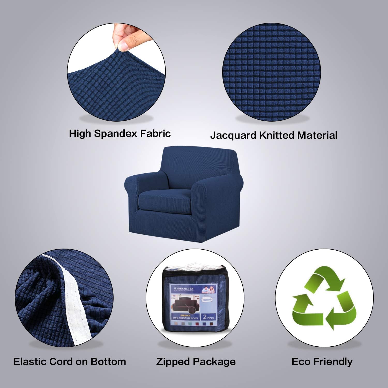 High Stretch 2-Piece Armchair Cover / Sofa Chair Covers / Slipcover Furniture Protector for Chairs, Made of Rich Textured Spandex Small Checks Knitted Jacquard Fabric (Chair, Navy): Kitchen & Dining