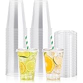 JOLLY PARTY 100Pack 16 oz Clear Plastic Cups With Flat Lids, Disposable Clear Cups with Straw Slot Lids, Crystal Clear Disposable Drinking Cup for Juice Ice Cream Milkshake Iced Coffee Cold Drink