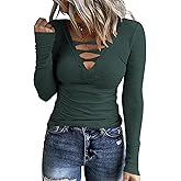 Poetsky Women's Blouse Long Sleeve V Neck Tunic Tops Ribbed Criss Cross Knit Tee Slim Fitted Shirts Dark Green M