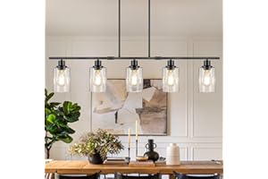 VERRON Dining Room Light Fixture Over Table, 5-Light Kitchen Island Lighting Hanging, Farmhouse Linear Chandelier for Dining Room, Matte Black Pendant Light Fixtures with Clear Glass Shade for Kitchen Island