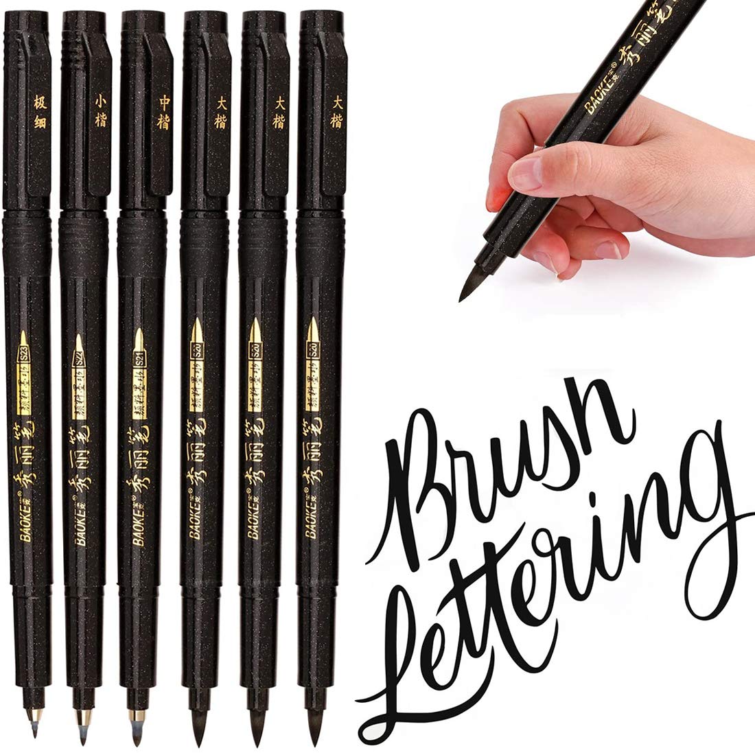 MISULOVE Calligraphy Brush Pens Set of 6(Soft & Hard) for Hand Lettering, Modern Calligraphy, Drawing, Beginner-Friendly Art Markers with Black Pigment Ink, Ideal for Scrapbooking, Journaling