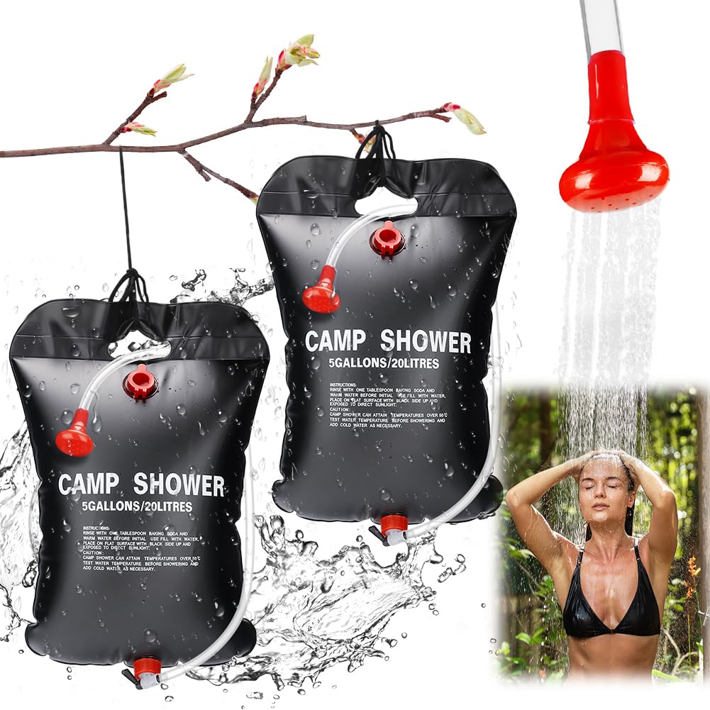 Gohytal Camping Shower, 5 gallons 20L Solar Shower Bag 2pcs Portable Solar Heated Travel Camping Solar Heated Bag Hot Water for Beach Swimming Outdoor Traveling