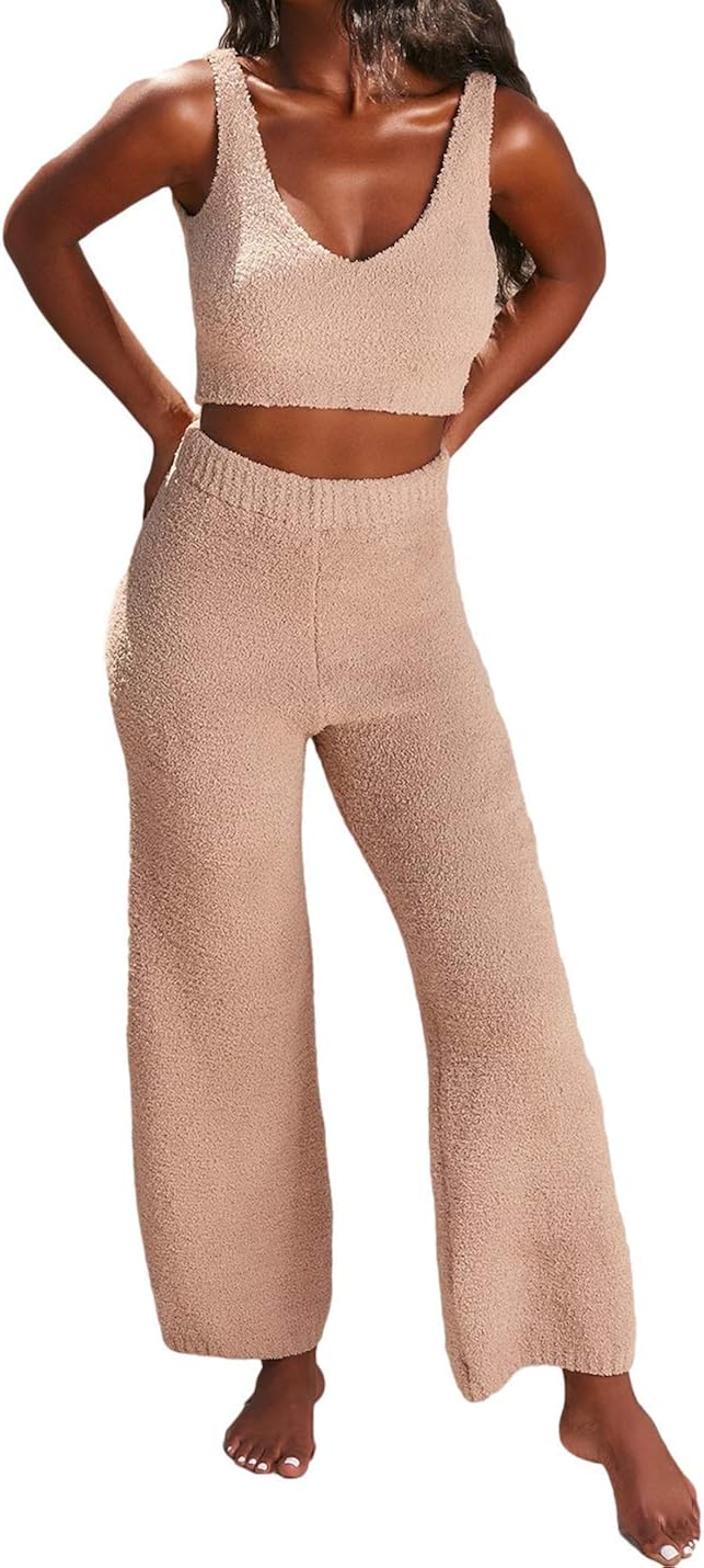 Omoone Women's Sexy Fuzzy Loungewear Set Crop Tank Top High Waist Pants