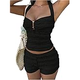 SOLY HUX Women's Summer Vacation Short Set Textured Halter Crop Top Mini Shorts Two Piece Going Out Outfits