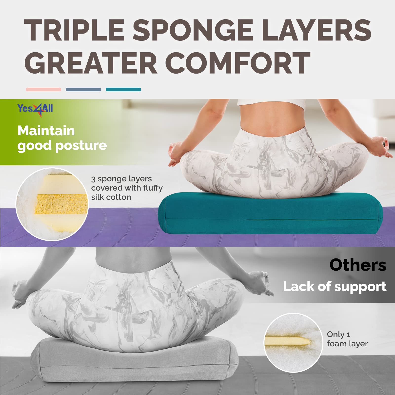 Yes4All Triple-Layer Sponge Yoga Bolster Pillow for Restorative Yoga & Meditation - Versatile Yoga Support Pillow, Balance & Poses Modification - Image 3
