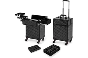 AROUS Rolling Makeup Train Case, Large Storage Cosmetic Trolley 4 Tray with 360° Swivel Wheels Keys, Large Storage Traveling Cart Trunk, Cosmetic Train Cases for Nail Technicians Hairstylist, Black