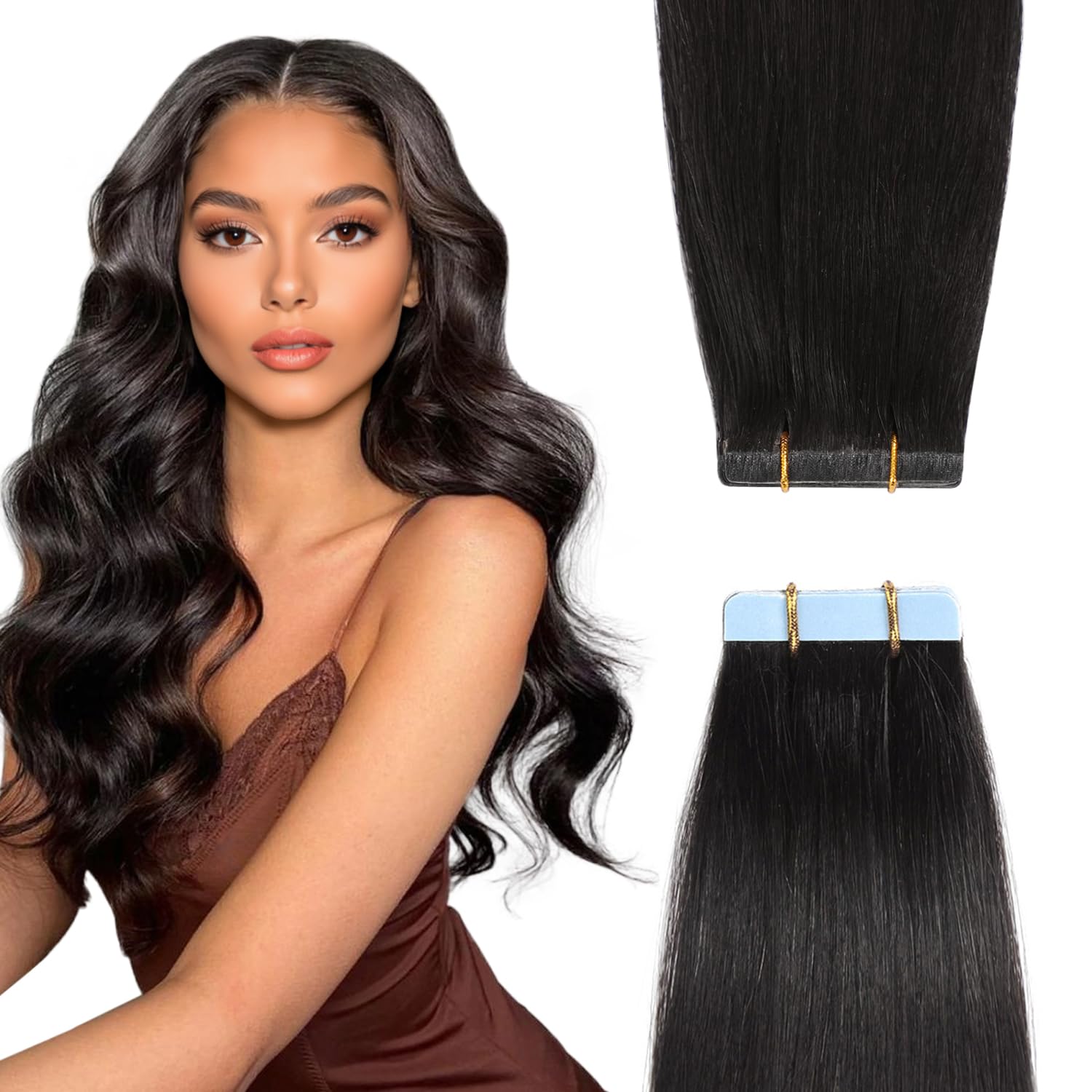 YILITE Tape in Extensions Human Hair 24inch 20pcs 50g/Pack Real Human Hair（#1B-AB Off Black）