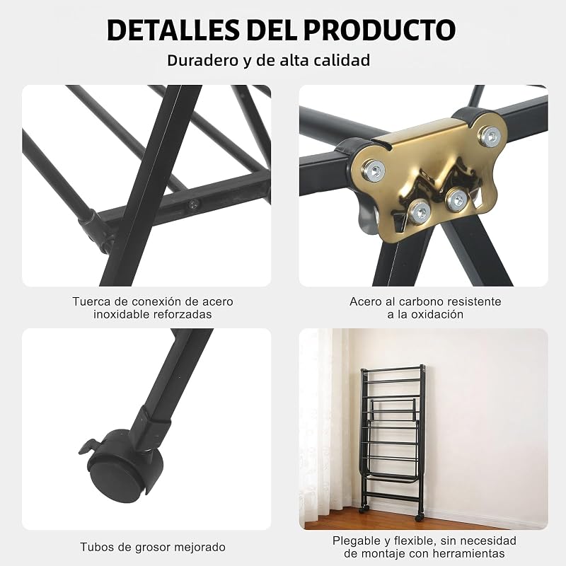 Varal dobrável com rodas, aço carbono, asas extensíveis até 1,7 m, altura ajustável, carga de 40 kg, secador para interior e exterior, preto