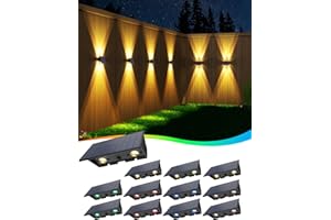 UGDLUCK 12PACK Solar Fence Lights,Solar Lights Outdoor 4LED Up & Down Solar Wall Lights,Waterproof 100 Lumens (Warm White+RGB)
