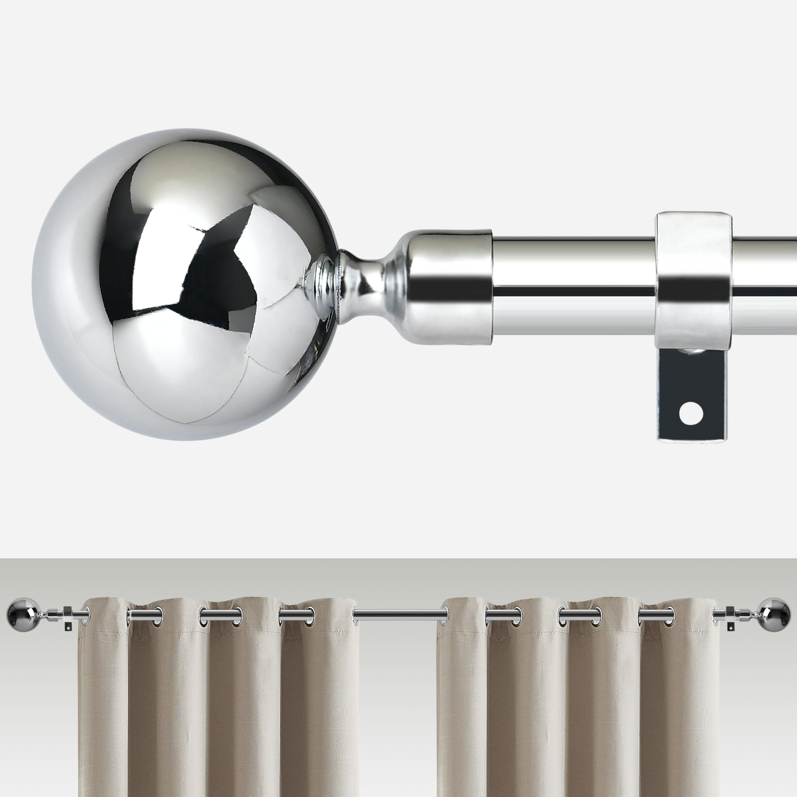 Silver Curtain Poles 76 to 140 cm 3 Piece Brackets ball finials Extendable Window Curtain Rod 30 to 55 inch for bedroom, livingroom,kitchen, door.