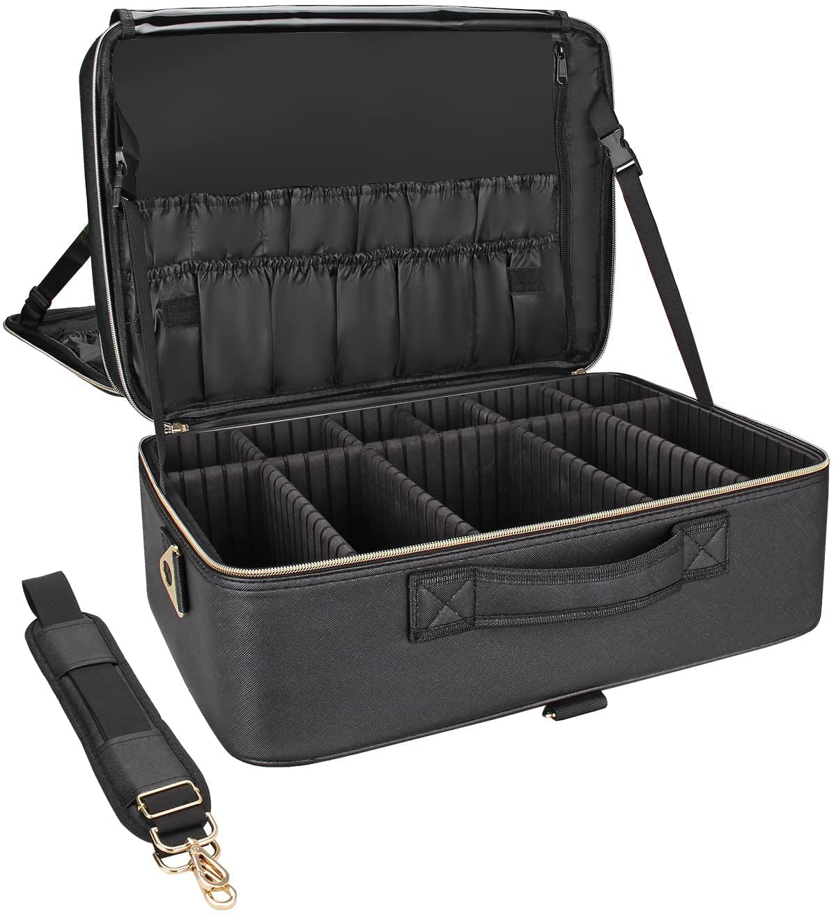 View 1 of Relavel Extra Large Makeup Case Travel Makeup Bag Professional Leather Artist Bag Portable Cosmetic Brush Holder Organizer Nail Organizer Box with Adjustable Dividers