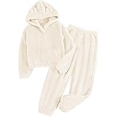 Wyeysyt Girls Fuzzy Pants Set Bear Ear Fleece Two Piece Outfits Kids Hoodie Sweatshirt with Fluffy Pants