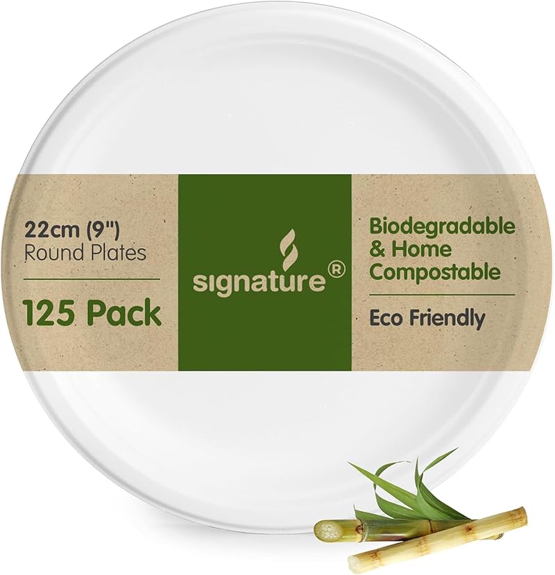 Signature Packaging 9 inch Round Paper Plates Bagasse 125Pack Eco Friendly