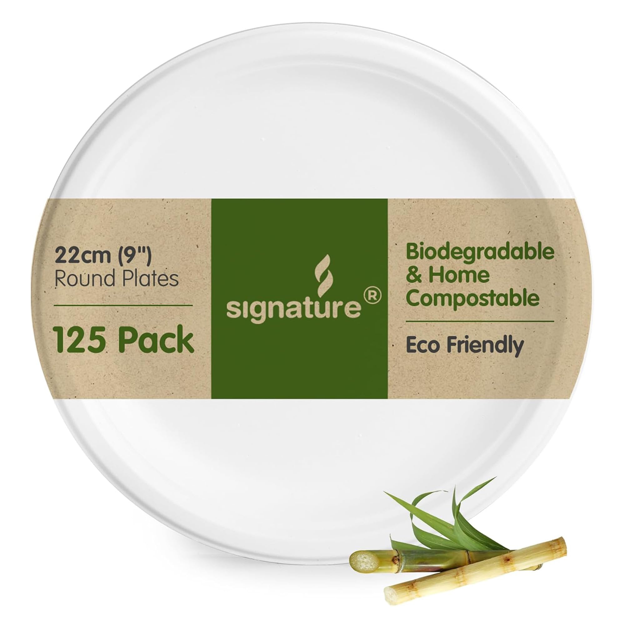 Signature Packaging Sturdy Round Paper Plates, Disposable and Biodegradable Dinnerware for Parties and Events, Eco-Friendly Compostable for Hot and Cold Food - Round 9” (23cm) 125 Plates per Pack