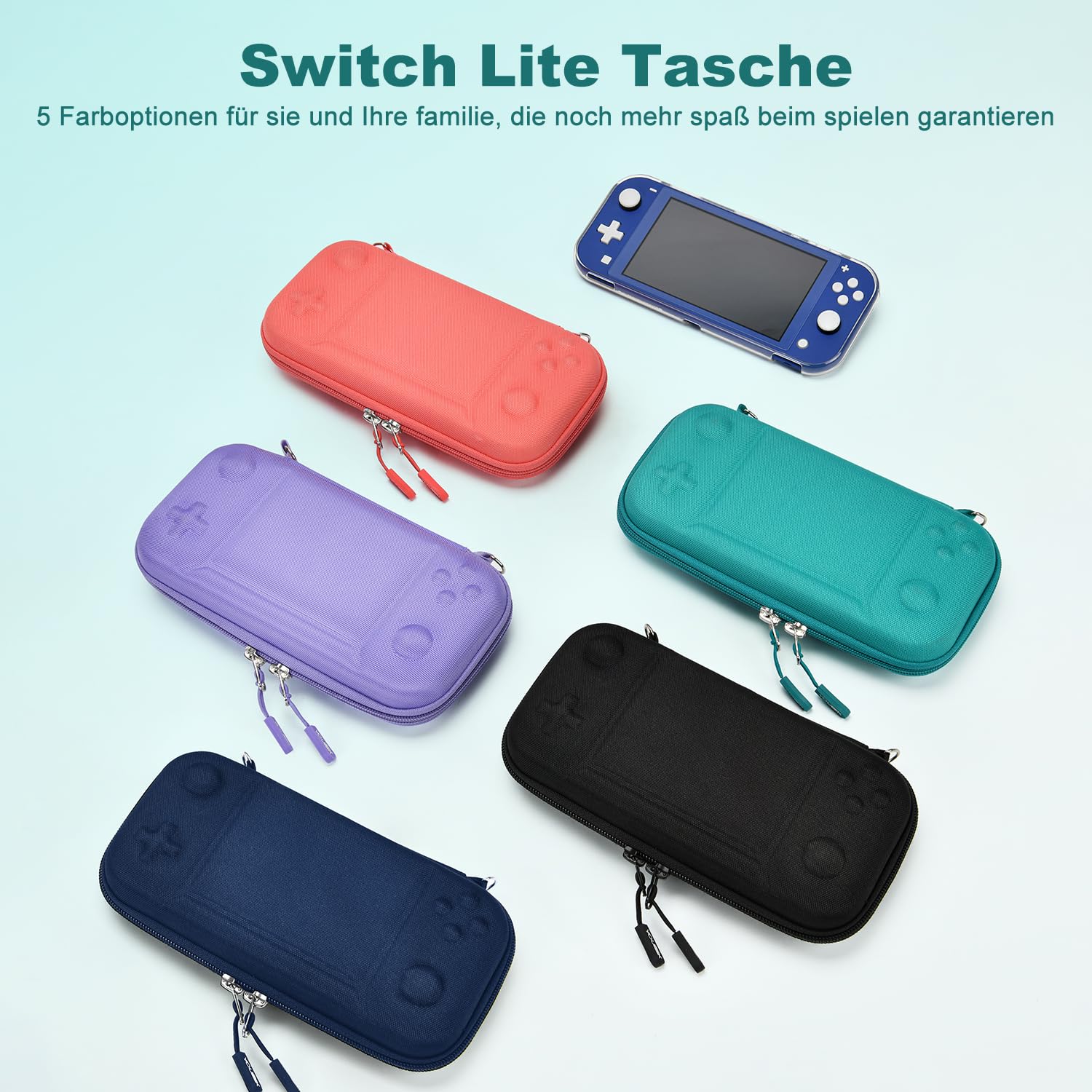 Younik Switch Lite Hülle, 14-in-1 Switch Lite Zubehör mit Switch Lite Tasche, klare Schutzhülle, Spielkartenhülle, 2 Bildschirmschützern, 6 Daumengriffen, Anhänger, Türkise Tragetasche für Switch Lite 8