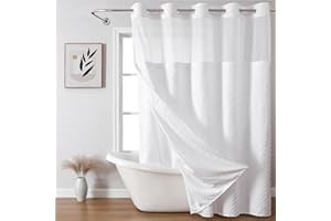 eachope No Hook Shower Curtain and Liner Set,No Hook Tufted Striped Textured Shower Curtain with Snap in Liner Replacement and Waterproof Fabric,Boho Style with See Through Top Window,White,71Wx74H