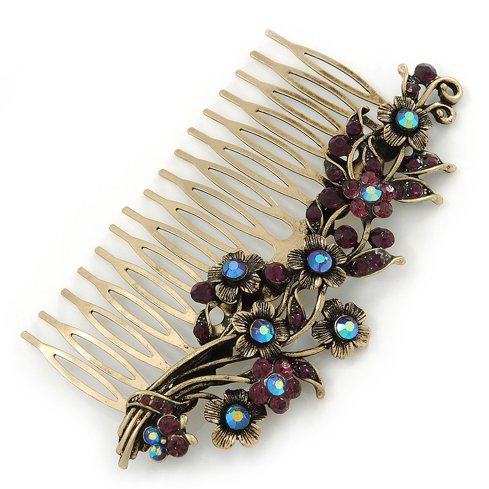 Vintage Inspired Deep Purple/AB Diamante 'Flowers' Side Hair Comb In Antique Gold Tone - 105mm