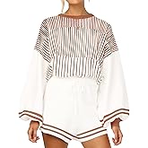 Gihuo Women' s Striped 2 Piece Outfits Crewneck Knit Pullover Sweater Shorts Set Wide Leg Matching Set Loungewear