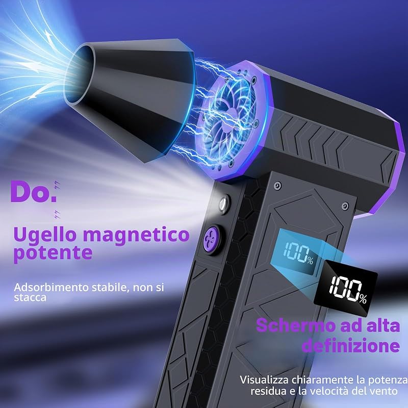 Soffiatore Aria Compressa, 4 Marce Fino a 130000 Giri/Min, Spolverino Elettrico con Luce Assistita, Ventilatore Portatile Ricaricabile senza Fili per Foglie Cadute, Incendi, Auto, Neve Che