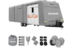XPORTION 16ft Up to 36ft RV Cover,Travel Trailer Cover 30-33ft,Camper Cover Waterproof and UV Resistant Camping,Travel Cover with Gutter Jack Cover