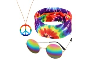 Frienda 3 Pcs Hippie Accessories Costume 70s Tie Dye Leopard Outfits Hippie Headbands for Men Peace Sign Necklace Sunglasses