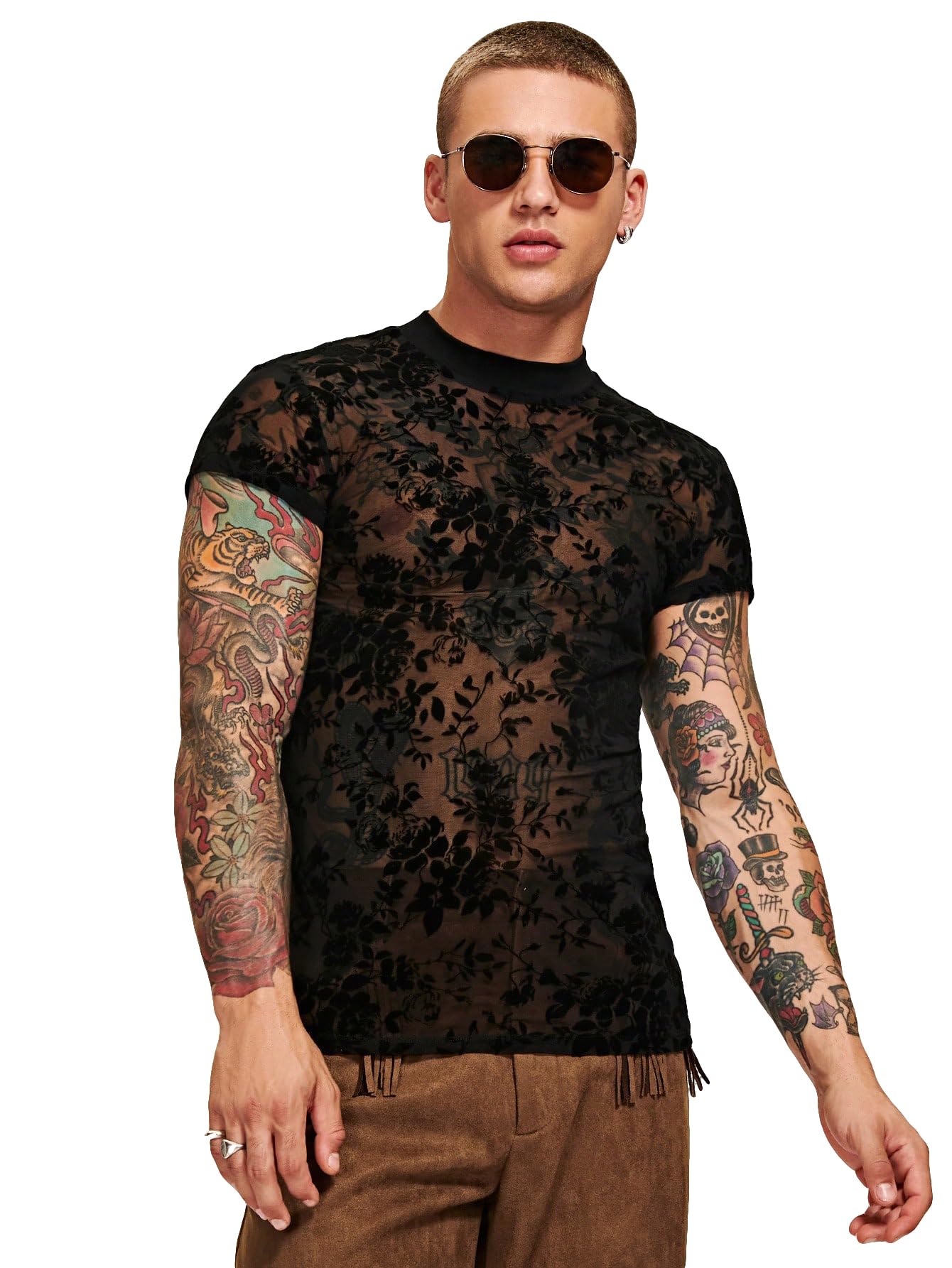 Photo 1 of WDIRARA Men's Floral Print Mesh Sheer Stand Collar T Shirt Short Sleeve Slim Fit Tee Top Black S