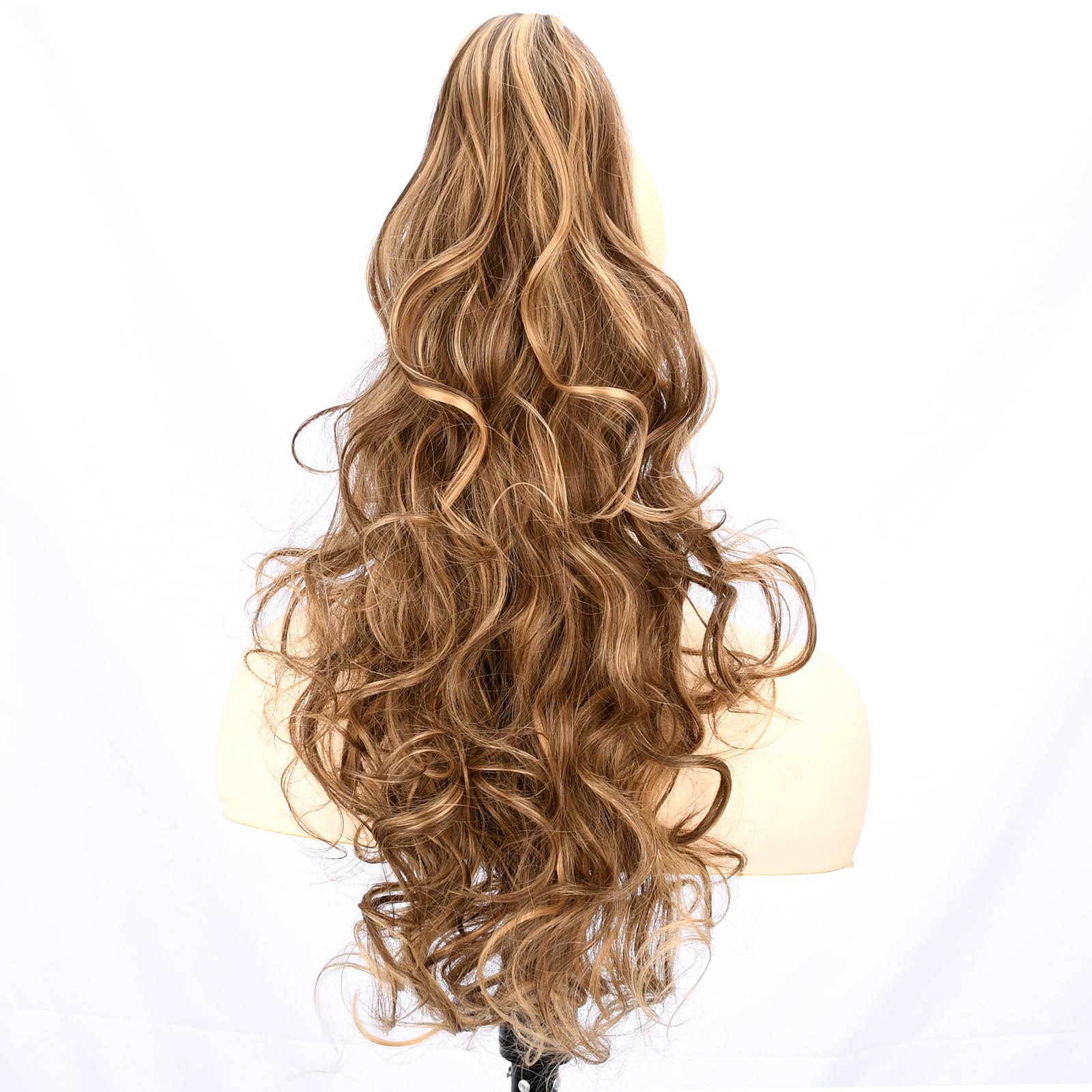 BOBIYA 24 Inches Claw Clip in Loose Curly Synthetic Wrap Around Ponytail Extensions Pony Tail Clip In Extensions (Dark Golden Blonde)