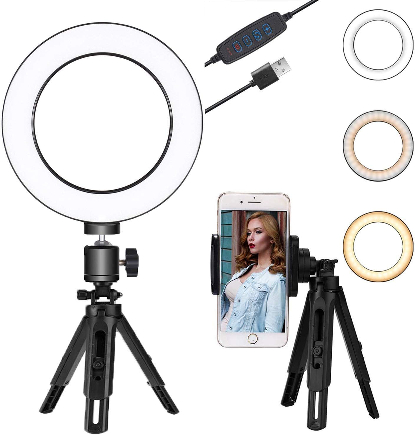 6" Selfie Ring Light, Dimmable Mini Led Light with Tripod Stand & Phone Holder for Makeup/Photography/Video Shooting (6" Ring Light with Phone Holder)