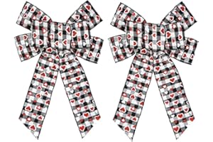 Threetols 2 Pack Valentine's Day Wreath Bows, Black and White Buffalo Plaid Bows for Wreath Anniversary Red Glitter Heart Decoration Bows for Indoor Outdoor Holiday Proposal Wedding Party Decor