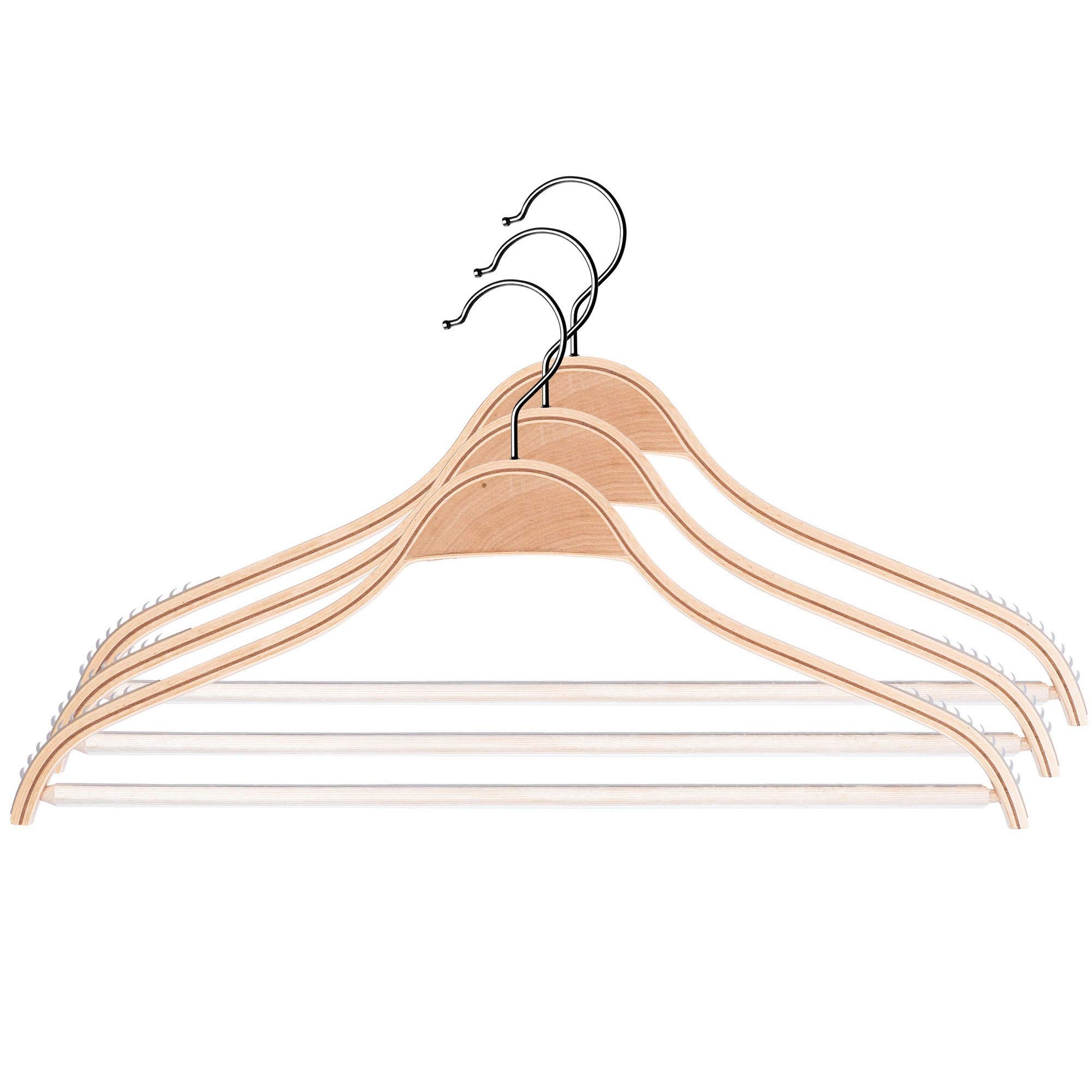 KADAX Wooden Hanger with Notched Shoulders Trouser Bar Space Saving Coat Hanger for Trousers Skirt Shirt Suit Non-Slip 360° Rotating Metal Hook (3)