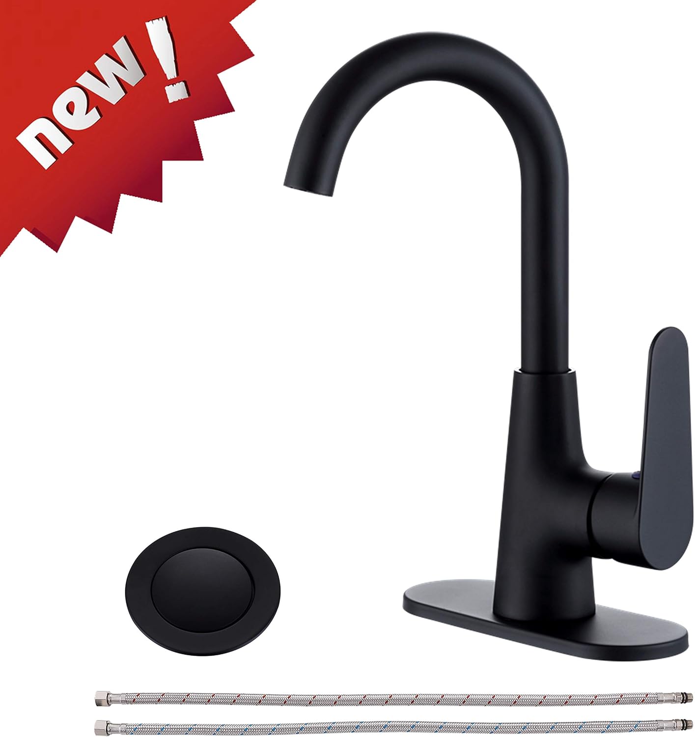 MEJOR Swivel Spout single handle faucet for Pre-Kitchen Sink/Bar Sink/Bathroom Sink,with 4 inches deck plate,CUPC water lines and Metal pop-up drain,Matte Black,ME3506-MB