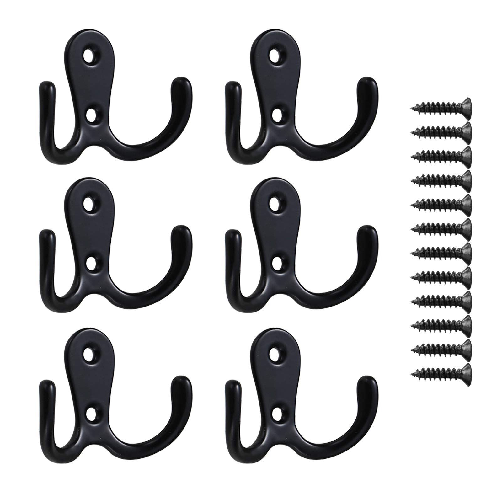 THSIREE 6 PCS Double Prong Robe Hook, Chrome Dual Coat Hooks, Metal Door Hooks Cloth Hanger with Screws Hanging Clothes Robe Towel for Bathroom Bedroom Door Wall (Black)