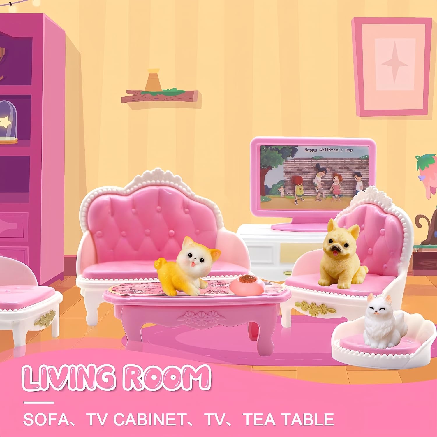 36Pcs Dollhouse Furniture Sets,Miniature 1:12 Scale Doll House Accessories and Furniture with Cat,Dog,Kitchen, Dining Room, Living Room,Bedroom for Playhouse Toy(Pink)