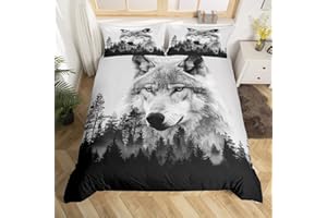 Wolf Bedding Set Boys Cool Wildlife Style Duvet Cover for Kids Teens Trees Natural Scenery Comforter Cover Deer Wolf Animal B