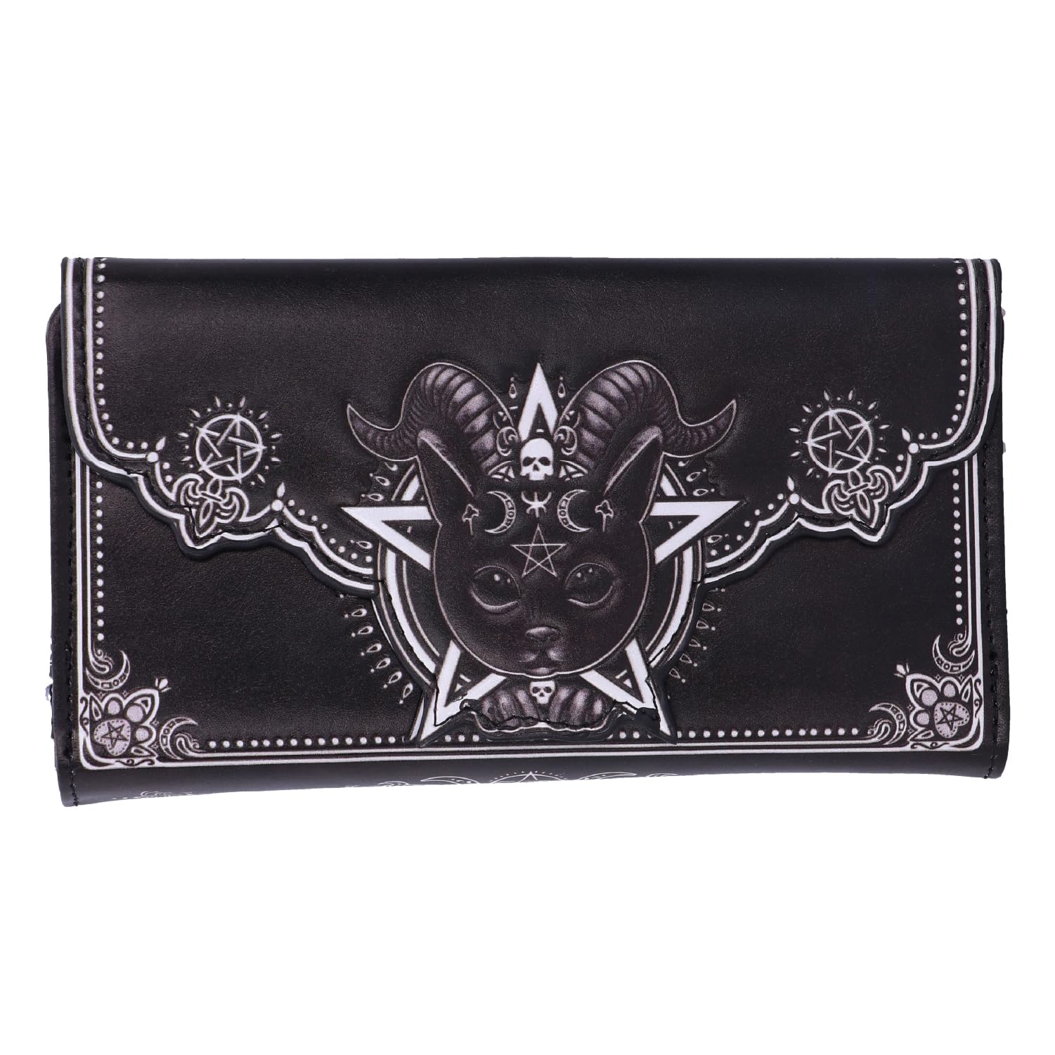 Nemesis Now Pawzuph Embossed Purse 18.5cm, PU Leather, Black, Horned Cat Purse, Stylish and Practical, Multiple Slots for Cash and Cards