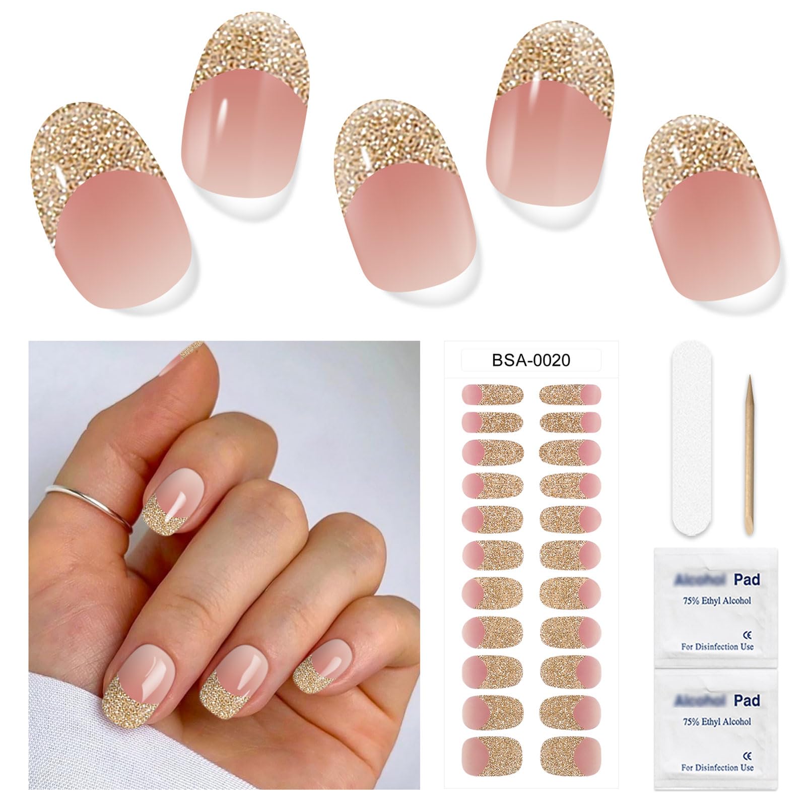 DUKASOU Semi-Cured Gel Nail Strips, 22 Pieces Real Nail Polish Stickers, Gel Nail Stickers, Decals, Long-Lasting Nail Polish Strips for Women and Girls(Sparkling Gold Dust)