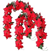 Crowye 2 Pcs Christmas Poinsettia Garland with Holly Leaves Artificial Poinsettia Flower Vines Xmas Rattan Ornament for Mantle Fireplace Table Indoor Outdoor Garland Christmas Decor