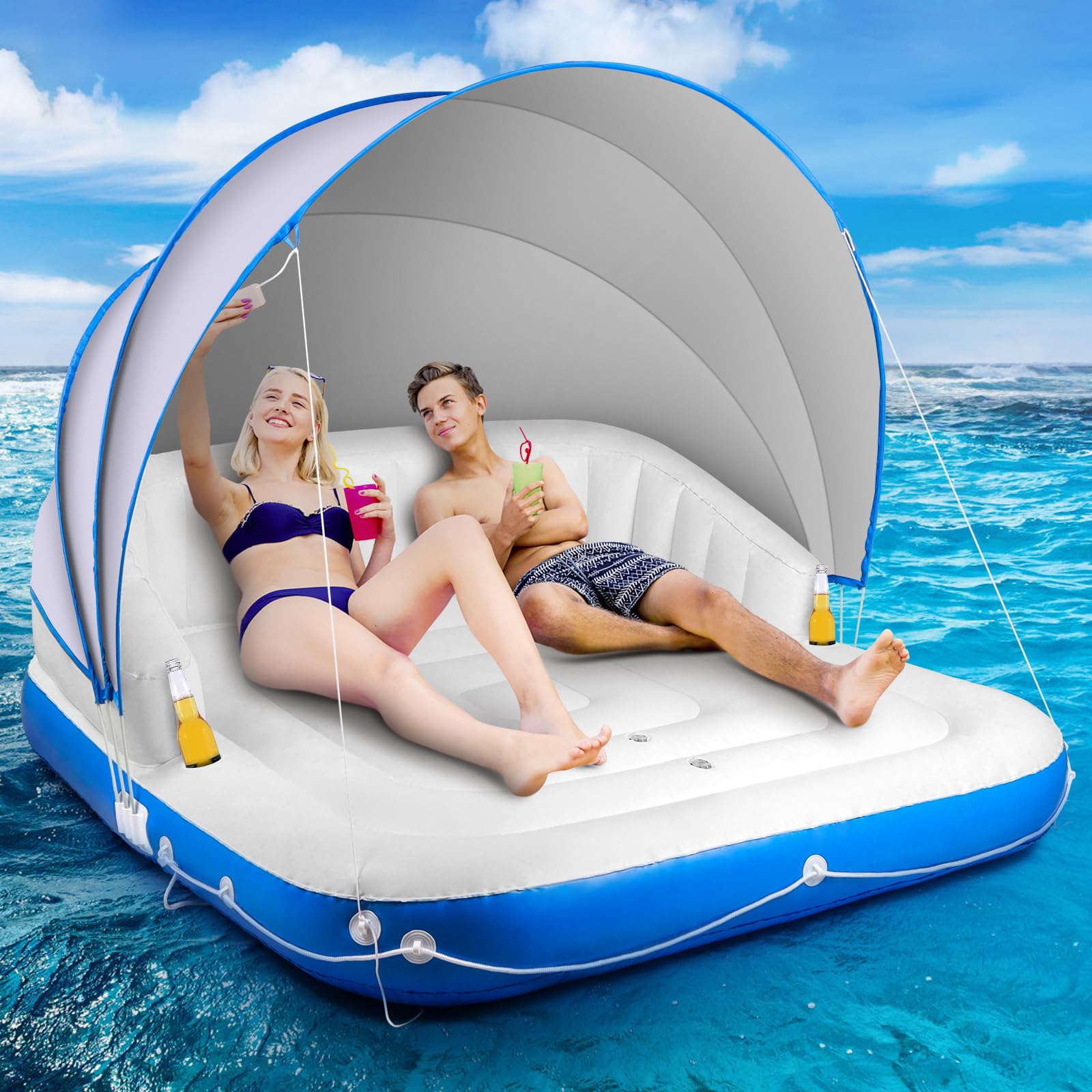 Photo 1 of Floating Island with Canopy, Heavy Duty Inflatable Water Lounger Raft with 2 Cup Holders for Adults Lake Pool