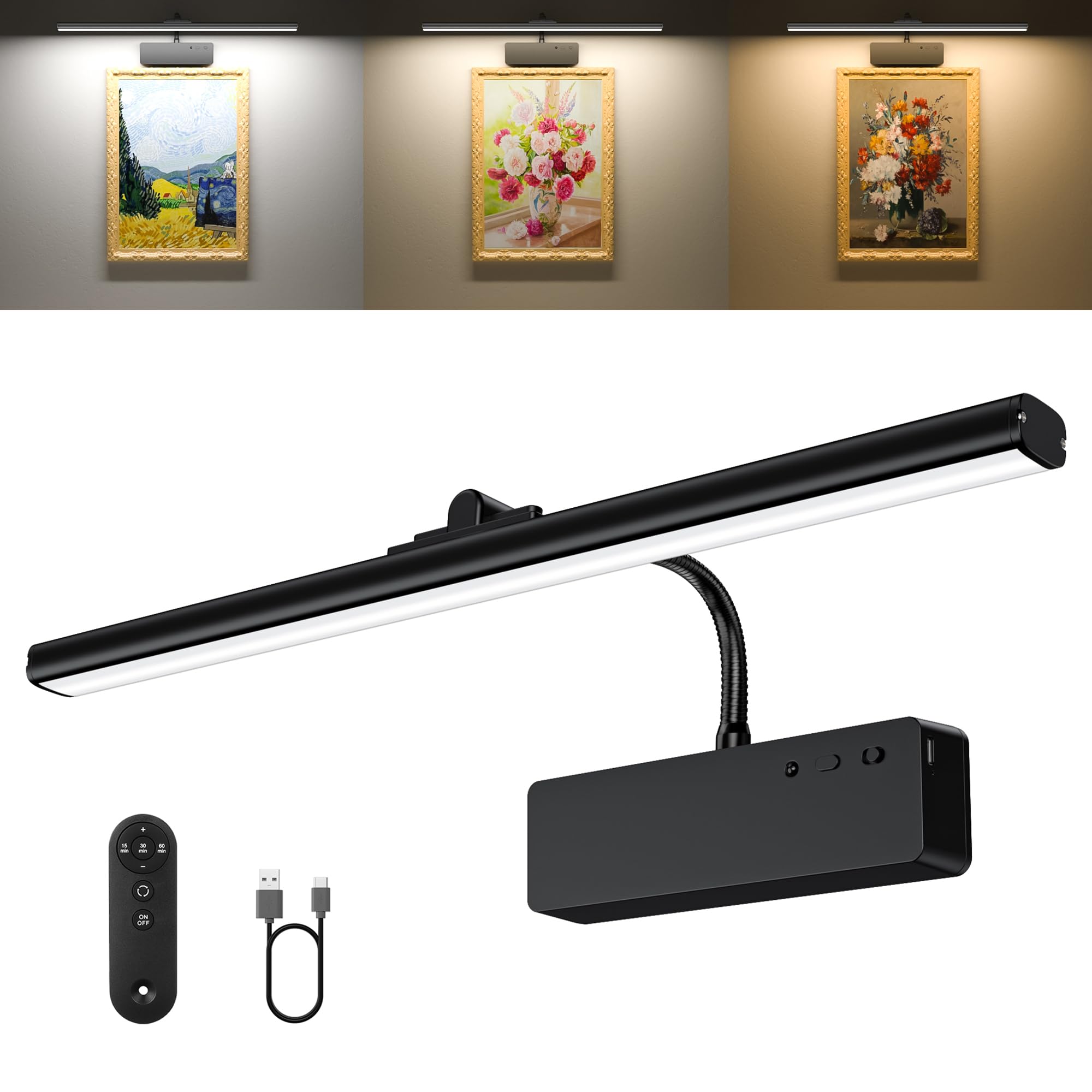 Photo 1 of Picture Light, 15.35inch Wireless Picture Lights for Wall Rechargeable, 5400mAh Battery Wall Light with Remote, 3 Color Art Lighting for Paintings with Timer and Dimmable for Display, Gallery (Black)