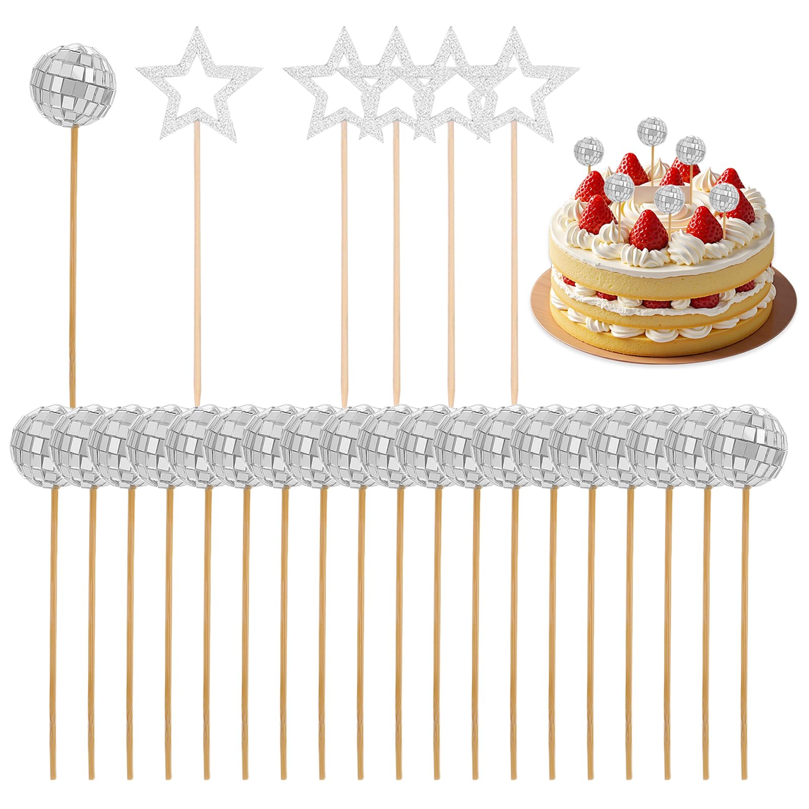 25 Pcs Disco Ball Decorations & Star Cocktail Sticks 70s Theme Mini Shiny Disco Ball Cake Decorations with Sticks for Birthday Wedding Theme Party Cake Dessert Supplies (Silver)