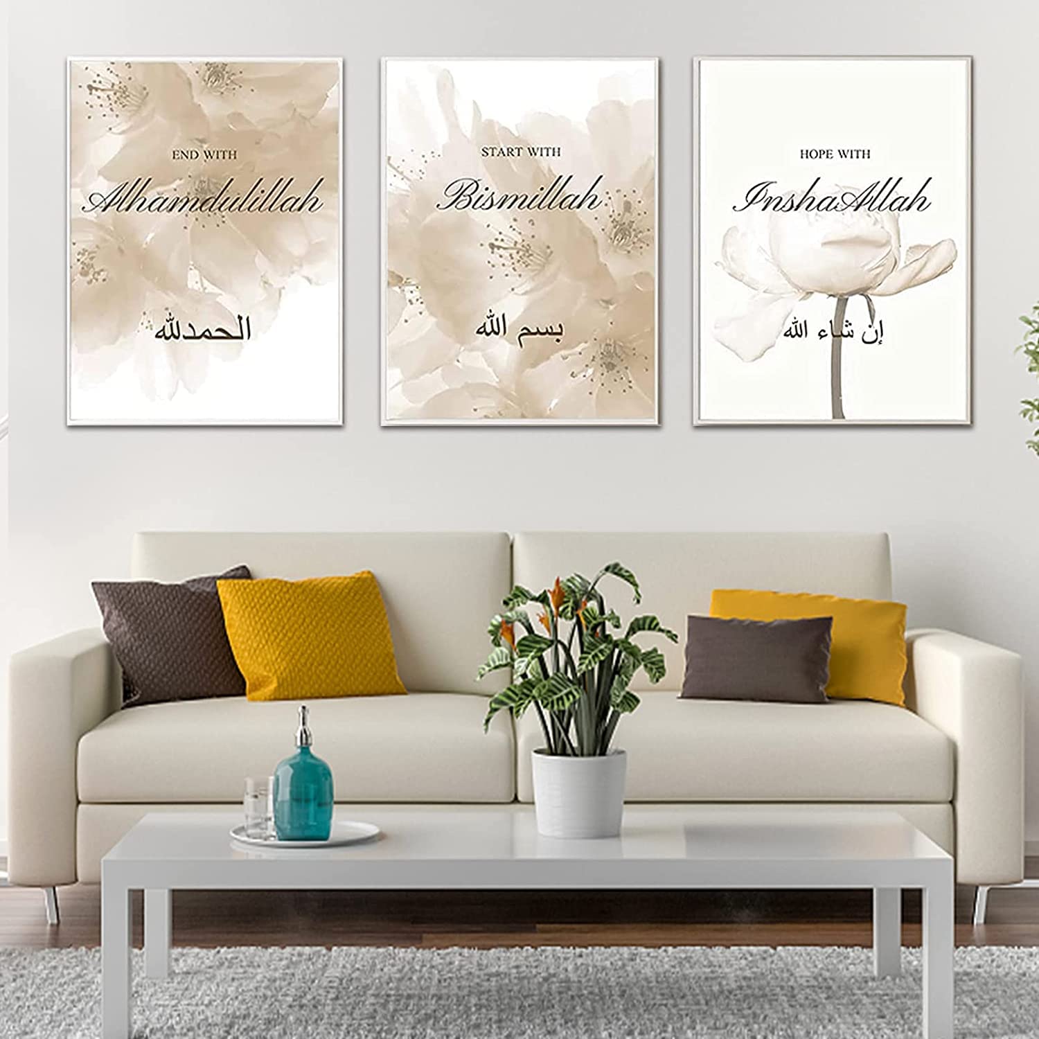 3-Piece Islamic Wall Art Set - Arabic Calligraphy Canvas, Modern Beige Pampas Pictures, Allah Islamic Quotes for Living Room (60 x 90 cm, No Frame)