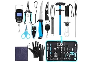 RoundFunny 14 Pcs Fishing Tool Kit, Fillet Knife, Fishing Pliers with Lanyard, Digital Scale, Lip Gripper, Hook Remover Fish Scaler Braid Scissors Gloves Sharpening Rod Retractor Towel Bag