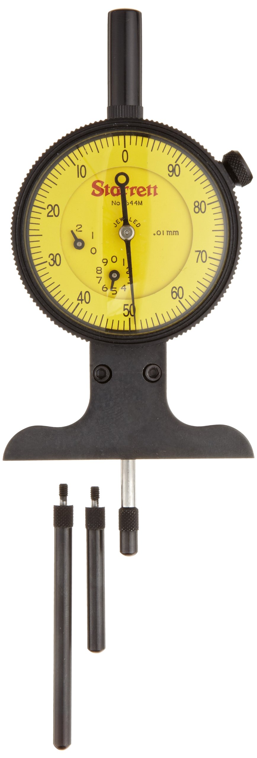 Starrett 644MJZ 644M Series Dial Depth Gauge, Indicator Type, 0-75mm Range, 0.01mm Graduation, with Case, 1 GRAD for first 2 1/2 REVS Accuracy