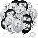 25th Anniversary Balloons 18Pcs Black Silver Party Decorations for Women Men - 12Inch Happy Confetti Latex Balloons for Indoor Outdoor Party Supplies
