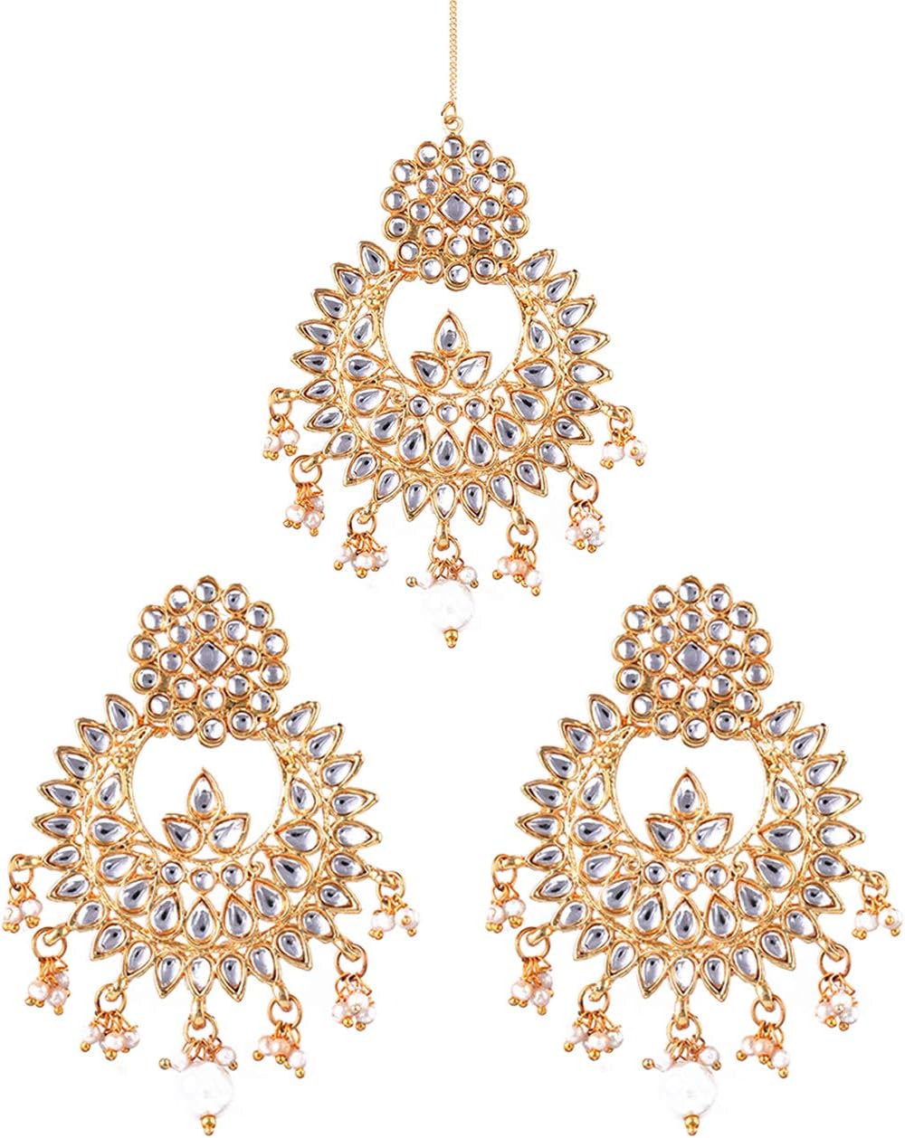 CHOOSEBERRYGold, White Brass Gold Plated Kundan Chandbali Earrings with White Maangtikka for Women