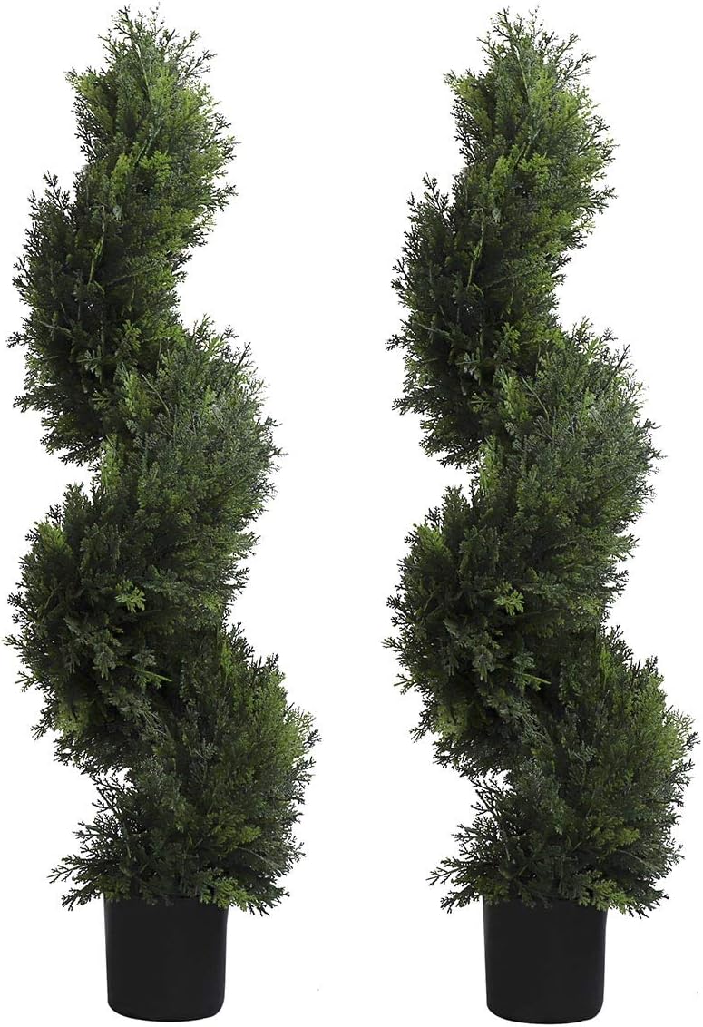 Armada Topiary Trees Artificial Faux Fakes Spiral Plant Green Tree Boxwood Topirary Plants Indoor Outdoor Decor in Plastic Pot Set of 2 (35 Inch)