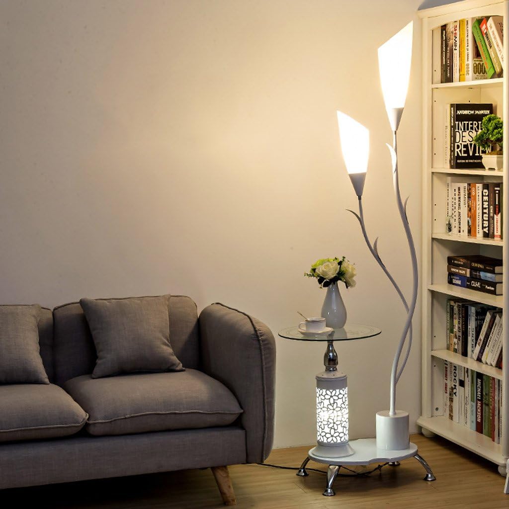 Lovely Light Modern Floor Lamp with Glass Shelves, 2 Light White Acrylic Lampshade, Metal Decoration Stands Lamp for Living Room Bedroom (Color : White)