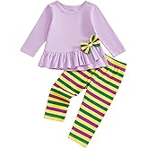 GOOCHEER Toddler Baby Girl Mardi Gras Outfit Long Sleeve Shirt Tunic Dress Top and Striped Pants Leggings Set
