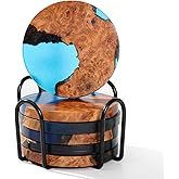 Wooden Beverage Coaster Set of 6 with Holder - Handmade Resin Wood Coasters, Drink Coaster Set for Coffee Tables, Home Bar Decorations, Round Blue Wood Coaster Set